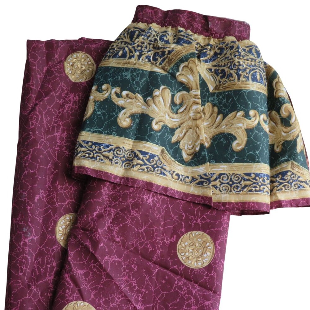 Vintage 90s Springs Burgundy Maroon Marble Shower Curtain Gold Accents Ornate